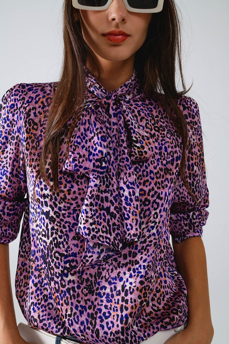 Q2 Women's Blouse Tie At The Neck Animal Print Purple Blouse