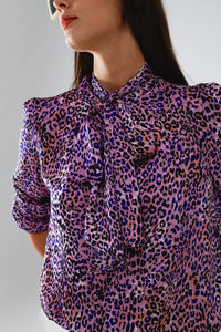 Q2 Women's Blouse Tie At The Neck Animal Print Purple Blouse