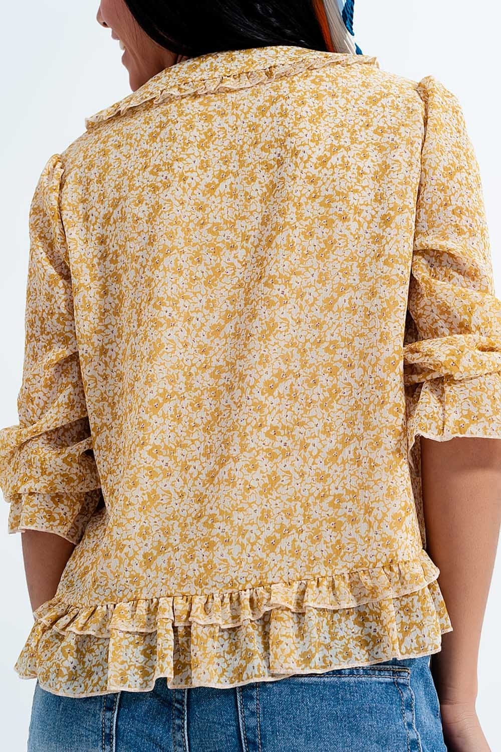 Q2 Women's Blouse Tie Front Chiffon Blouse in Yellow Floral Print