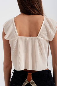 Q2 Women's Blouse Tie Front Shirred Detail Volume Sleeve Crop Top in Cream