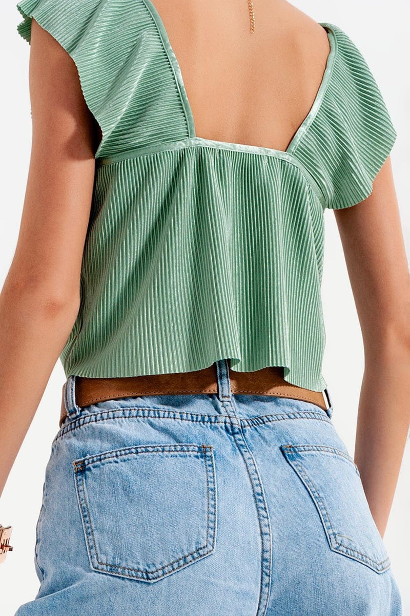 Q2 Women's Blouse Tie Front Shirred Detail Volume Sleeve Crop Top in Green