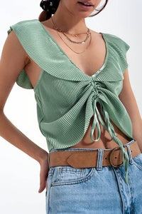 Q2 Women's Blouse Tie Front Shirred Detail Volume Sleeve Crop Top in Green