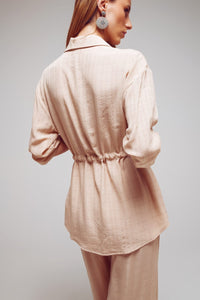 Q2 Women's Blouse Tie Waist Long Sleeve Shirt In Beige