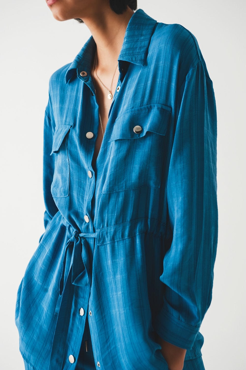 Q2 Women's Blouse Tie Waist Long Sleeve Shirt in Blue