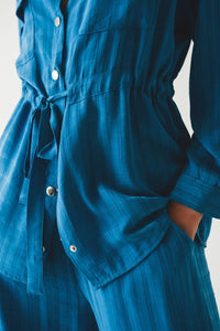 Q2 Women's Blouse Tie Waist Long Sleeve Shirt in Blue