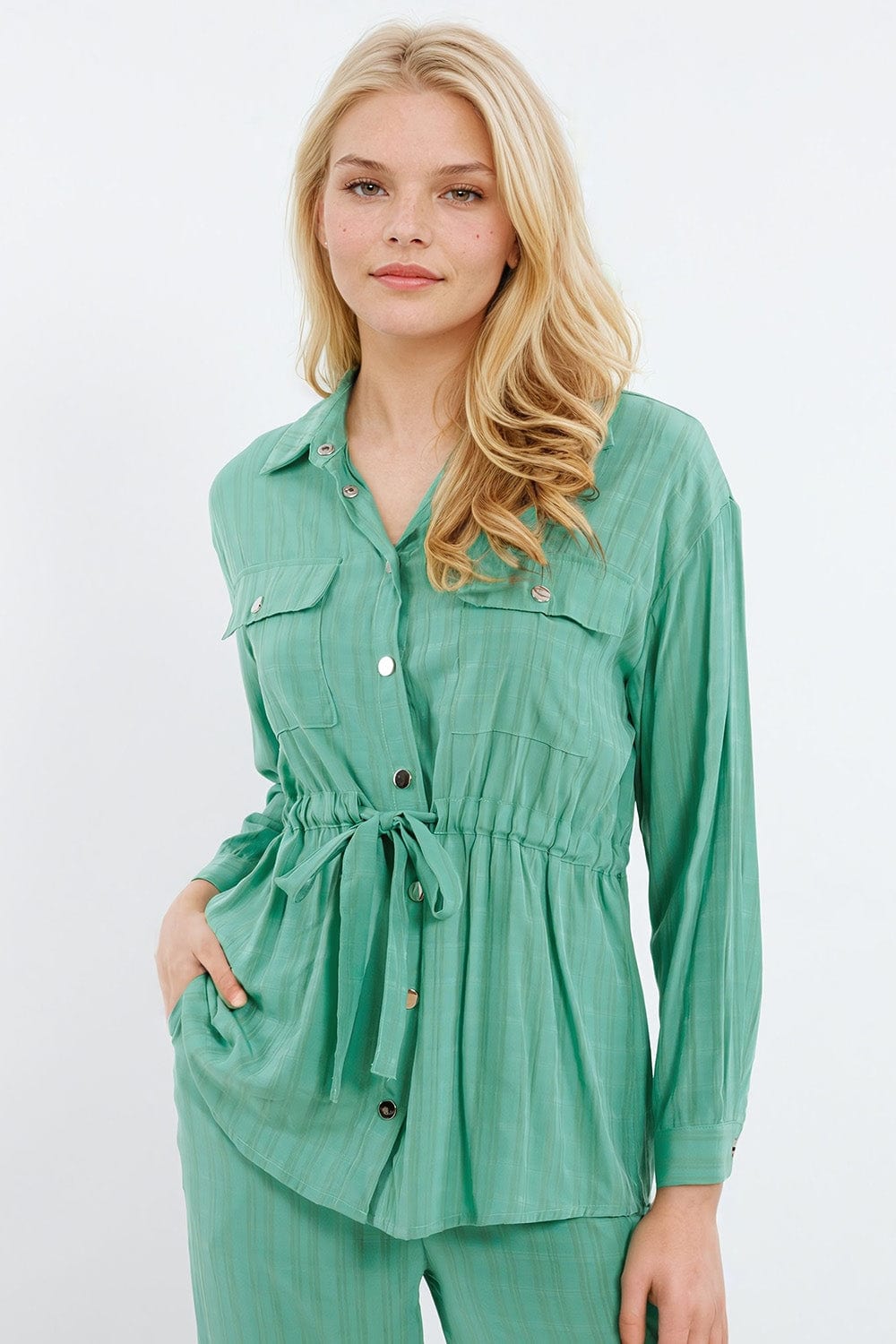 Q2 Women's Blouse Tie Waist Long Sleeve Shirt In Green