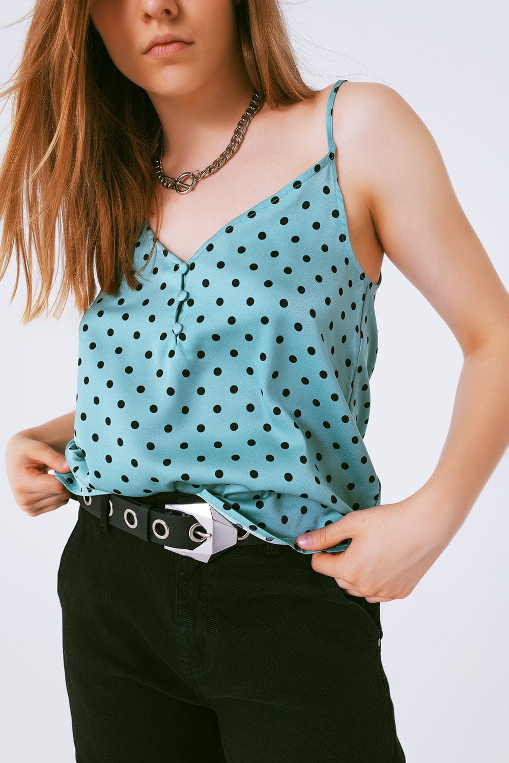 Q2 Women's Blouse Top In Polka Dot Green