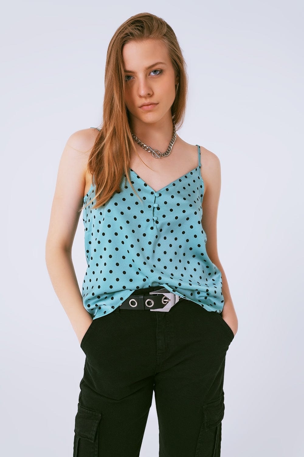Q2 Women's Blouse Top In Polka Dot Green