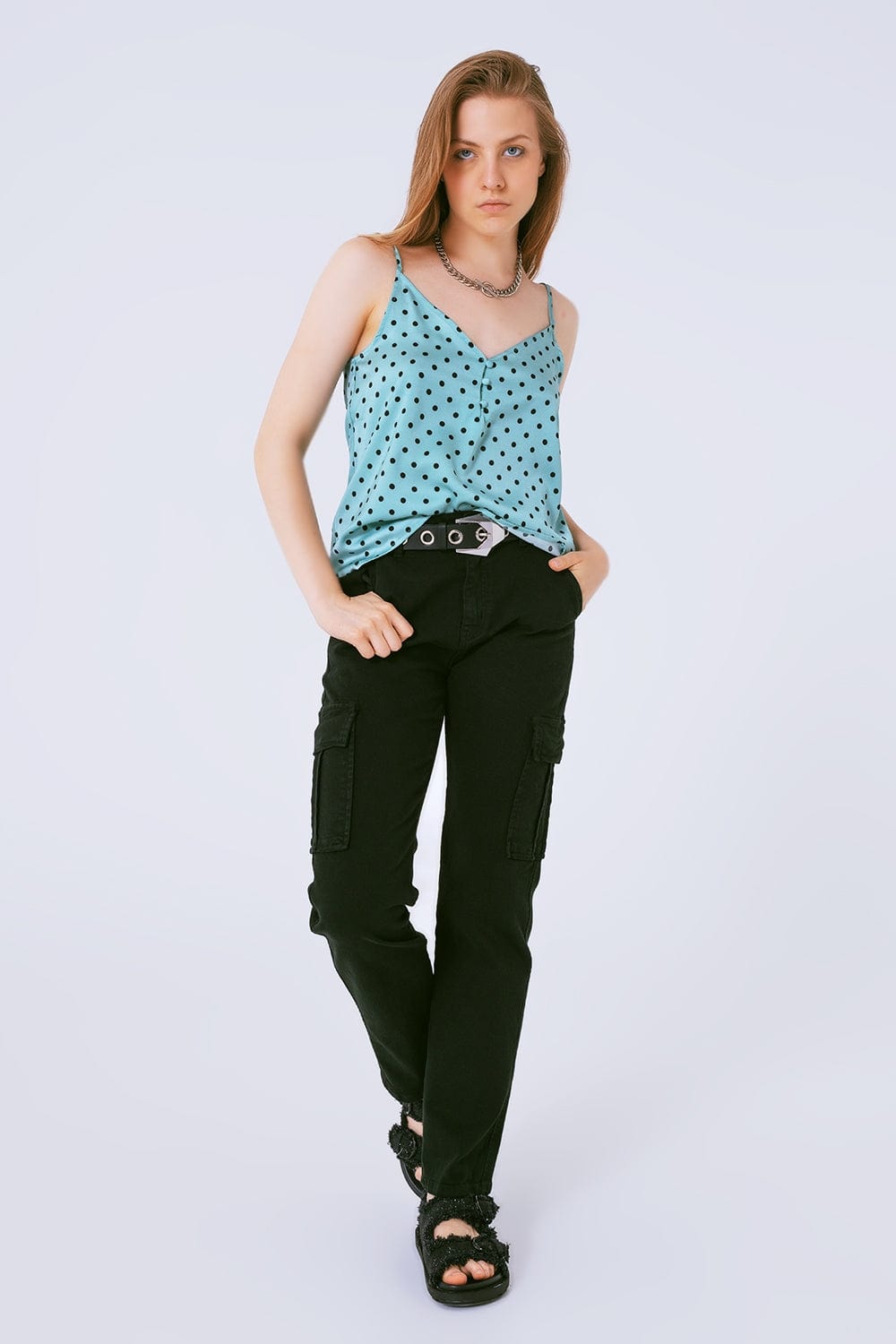 Q2 Women's Blouse Top In Polka Dot Green