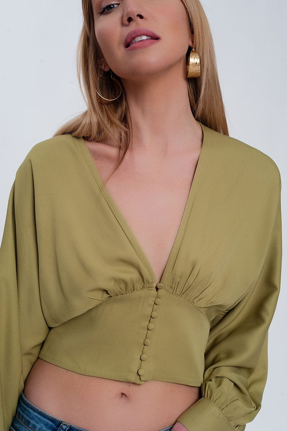 Q2 Women's Blouse Top with Puff Sleeves in Green