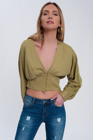 Q2 Women's Blouse Top with Puff Sleeves in Green