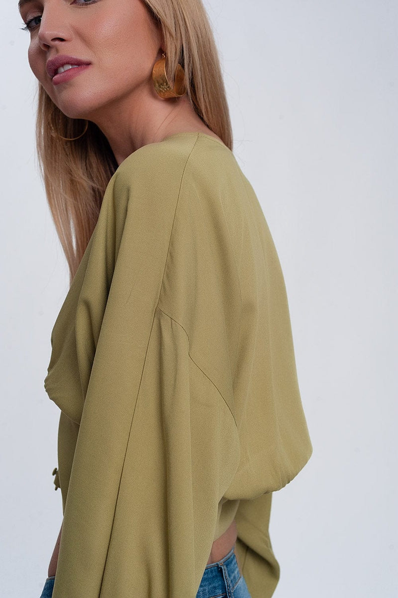 Q2 Women's Blouse Top with Puff Sleeves in Green