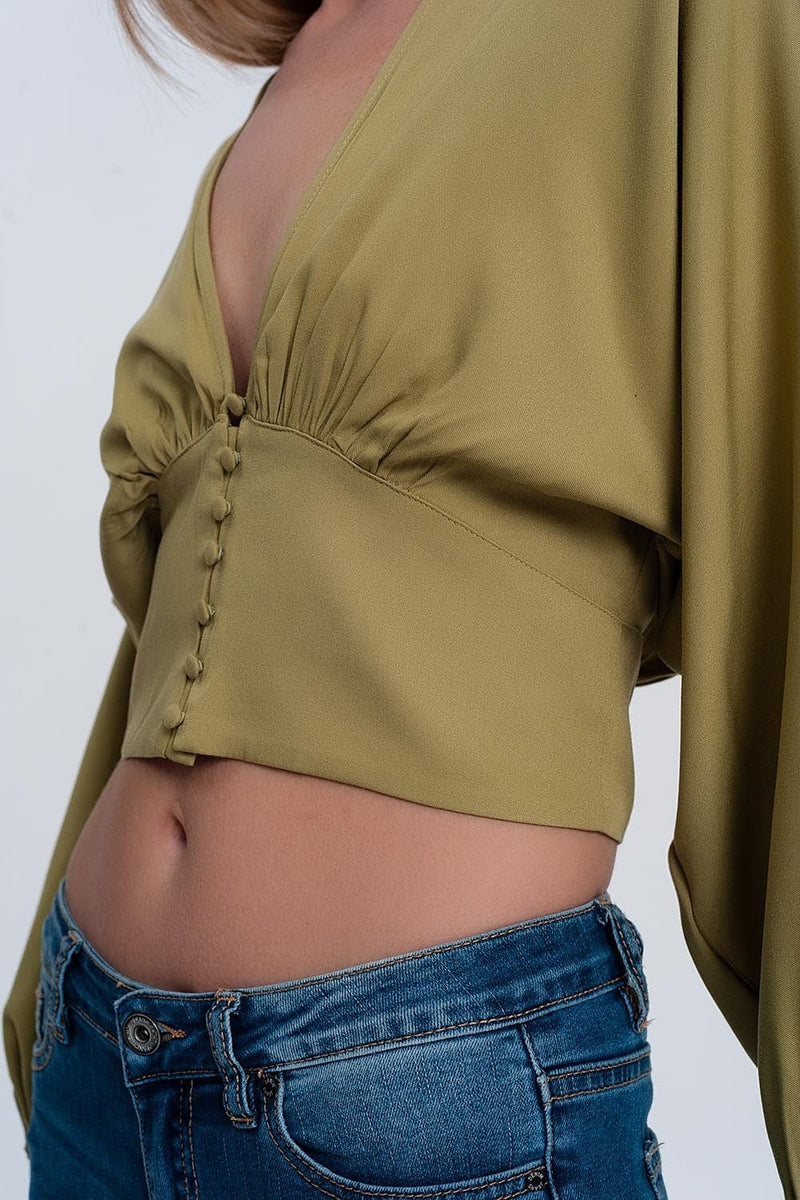 Q2 Women's Blouse Top with Puff Sleeves in Green