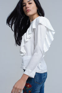 Q2 Women's Blouse Top with ruffle detail in cream