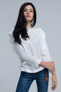 Q2 Women's Blouse Top with ruffle detail in cream