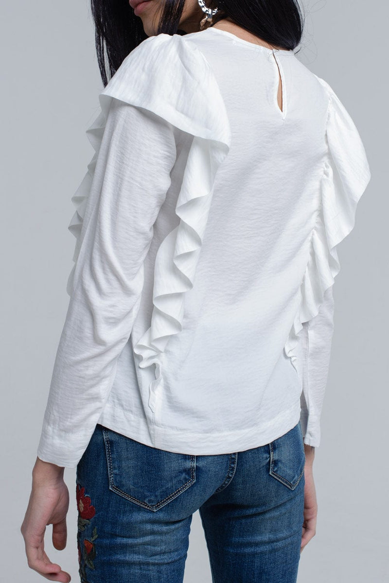 Q2 Women's Blouse Top with ruffle detail in cream