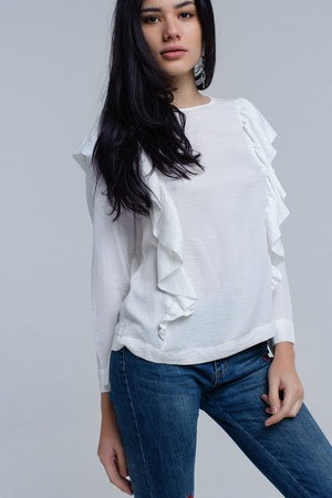 Q2 Women's Blouse Top with ruffle detail in cream