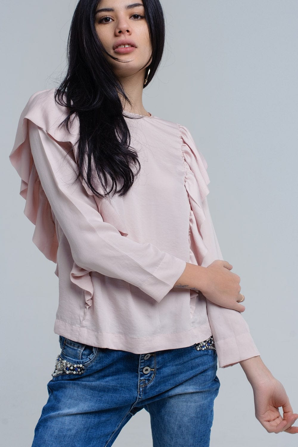 Q2 Women's Blouse Top with ruffle detail in pale pink