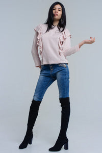 Q2 Women's Blouse Top with ruffle detail in pale pink