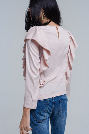 Q2 Women's Blouse Top with ruffle detail in pale pink