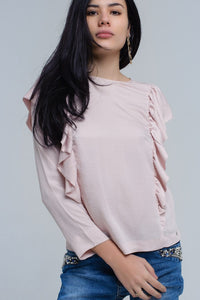 Q2 Women's Blouse Top with ruffle detail in pale pink