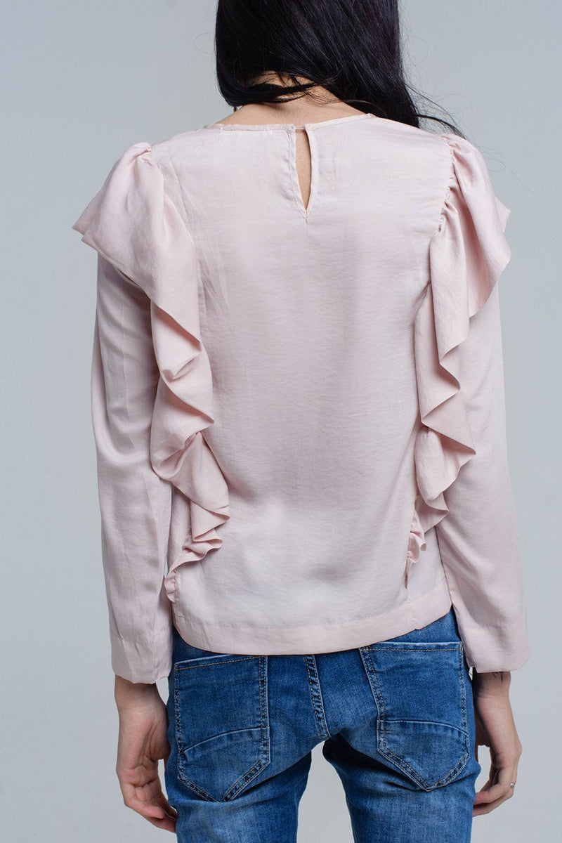 Q2 Women's Blouse Top with ruffle detail in pale pink