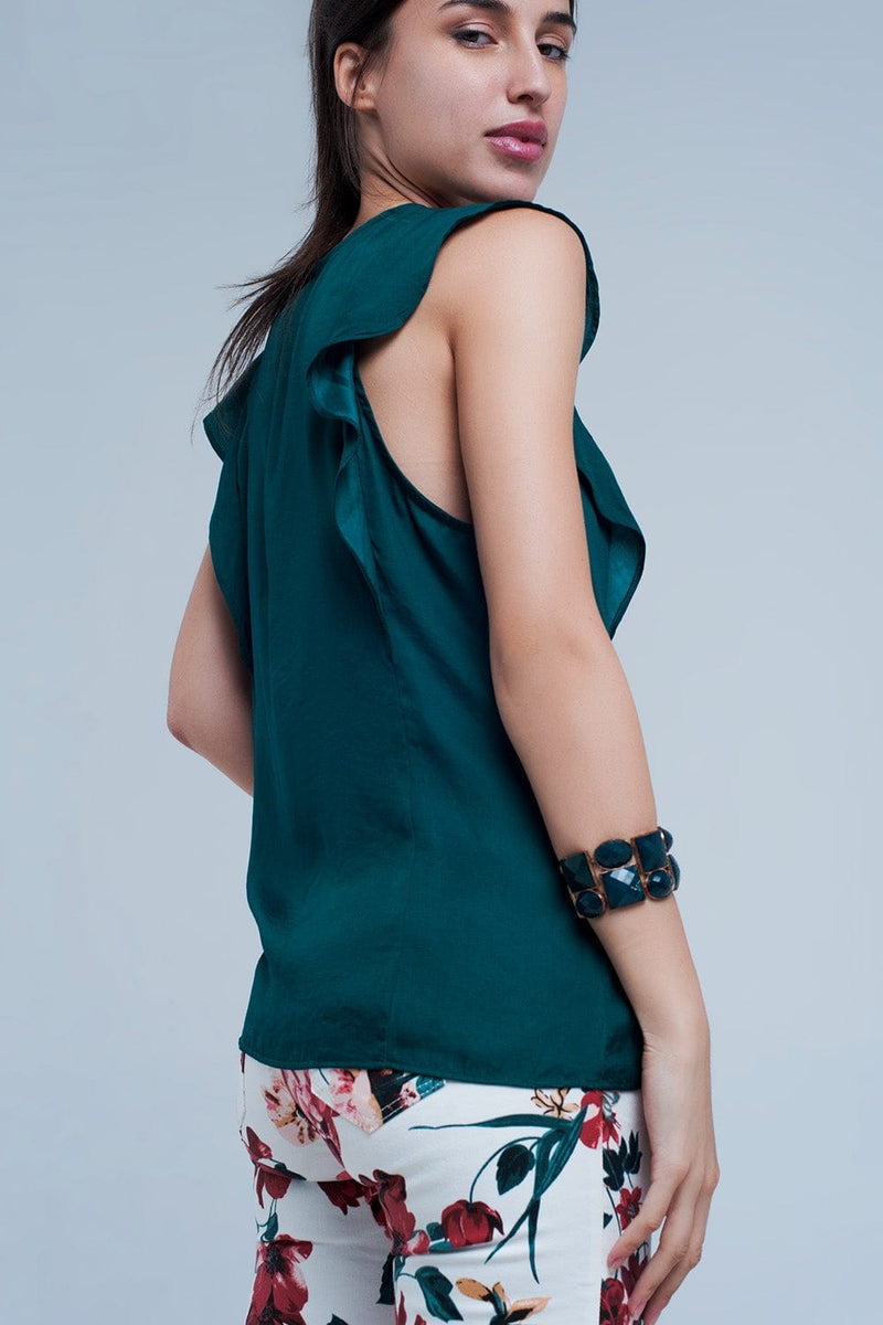 Q2 Women's Blouse Top with Ruffles in Dark Green