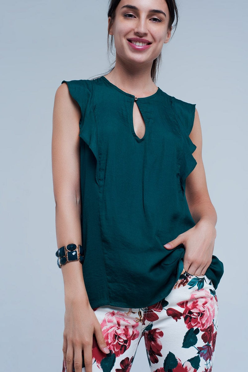 Q2 Women's Blouse Top with Ruffles in Dark Green