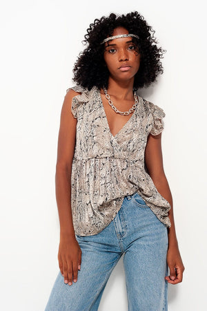 Q2 Women's Blouse Top with Snake Print and Ruffle Sleeve