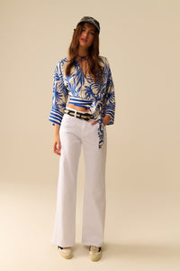 Q2 Women's Blouse Tropical Print Wrap Crop Top In Blue