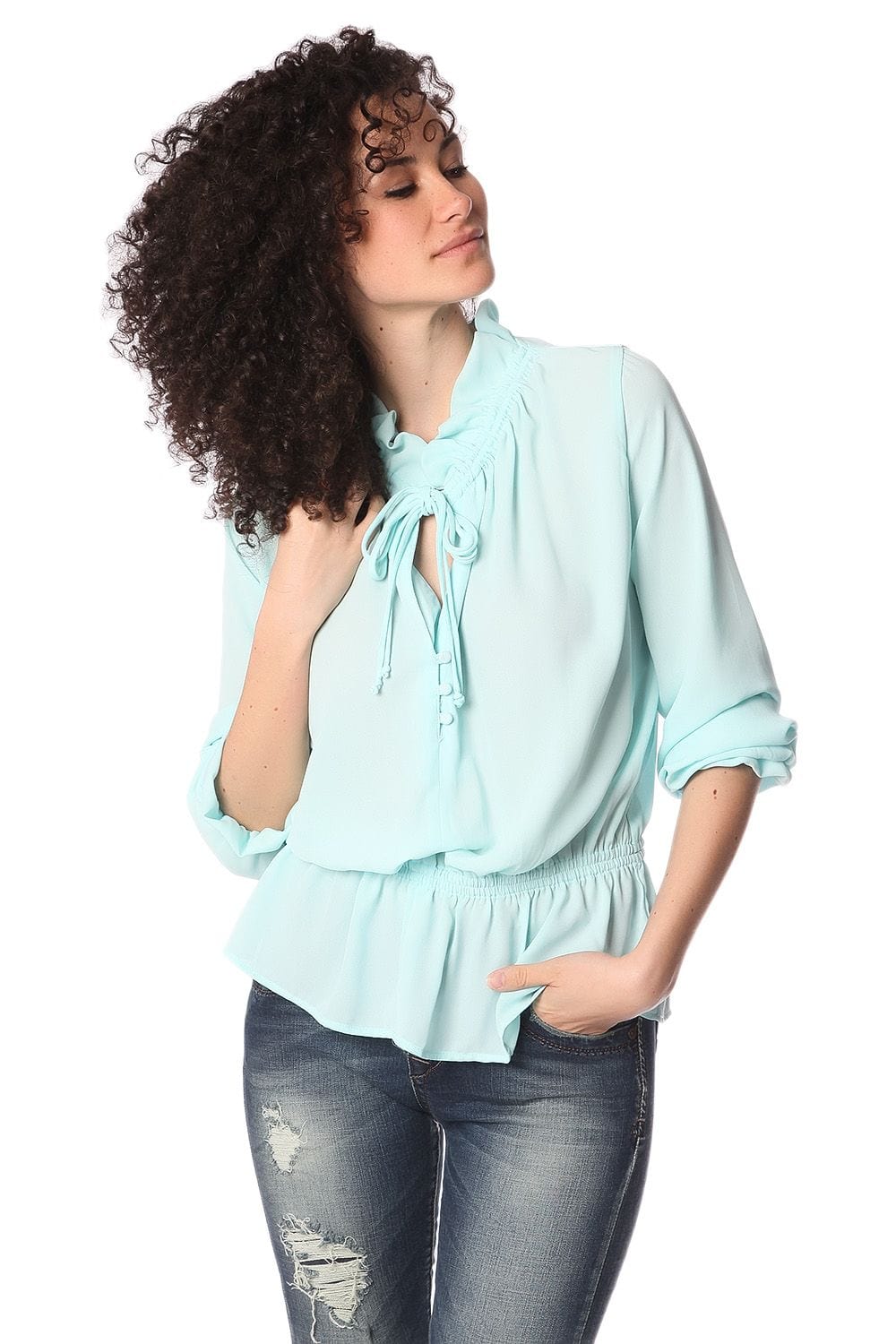 Q2 Women's Blouse Turquoise ruffle neck tie blouse
