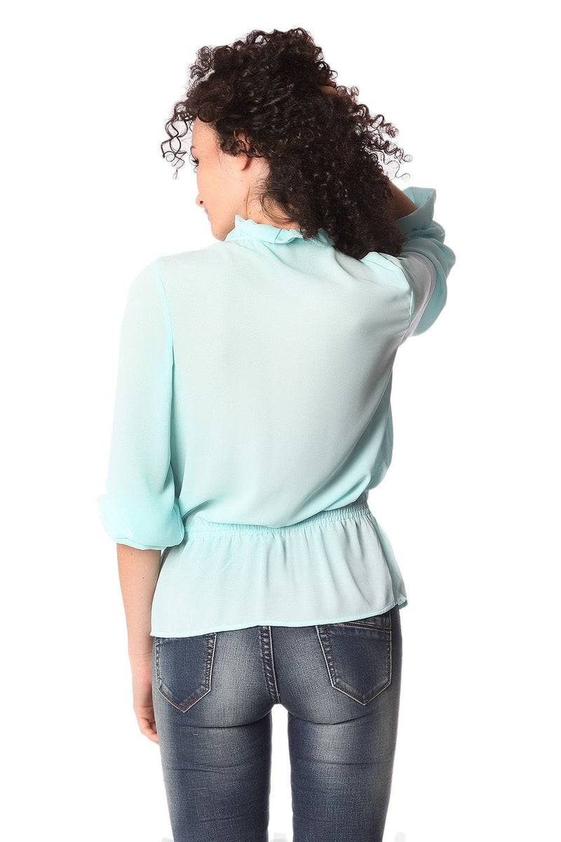 Q2 Women's Blouse Turquoise ruffle neck tie blouse