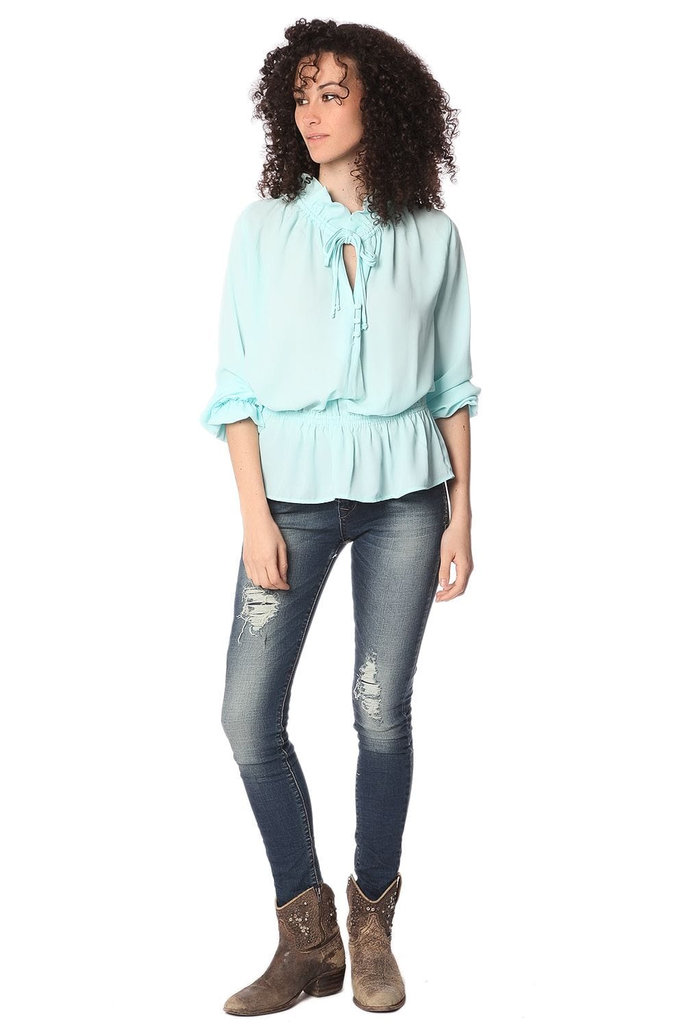 Q2 Women's Blouse Turquoise ruffle neck tie blouse