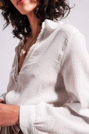 Q2 Women's Blouse V Neck Blouse with Lace Detail in Cream