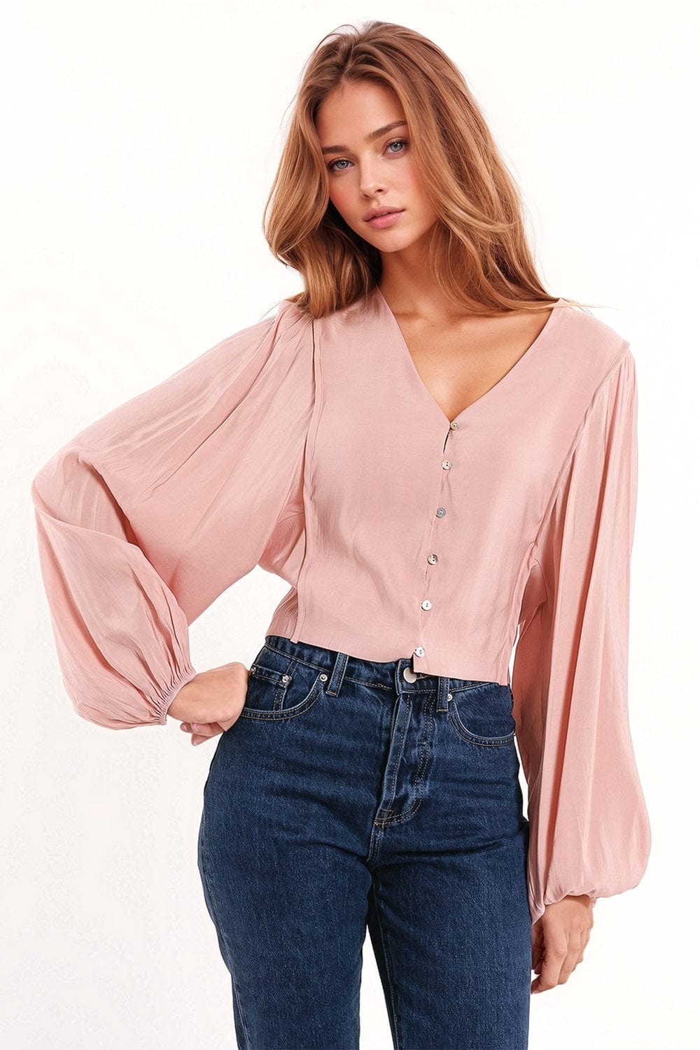 Q2 Women's Blouse V-Neck Cropped Shirt With Super Voluminous Sleeves In Pink