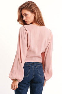 Q2 Women's Blouse V-Neck Cropped Shirt With Super Voluminous Sleeves In Pink