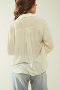 Q2 Women's Blouse V-Neck White Light Shirt With Stripe Details