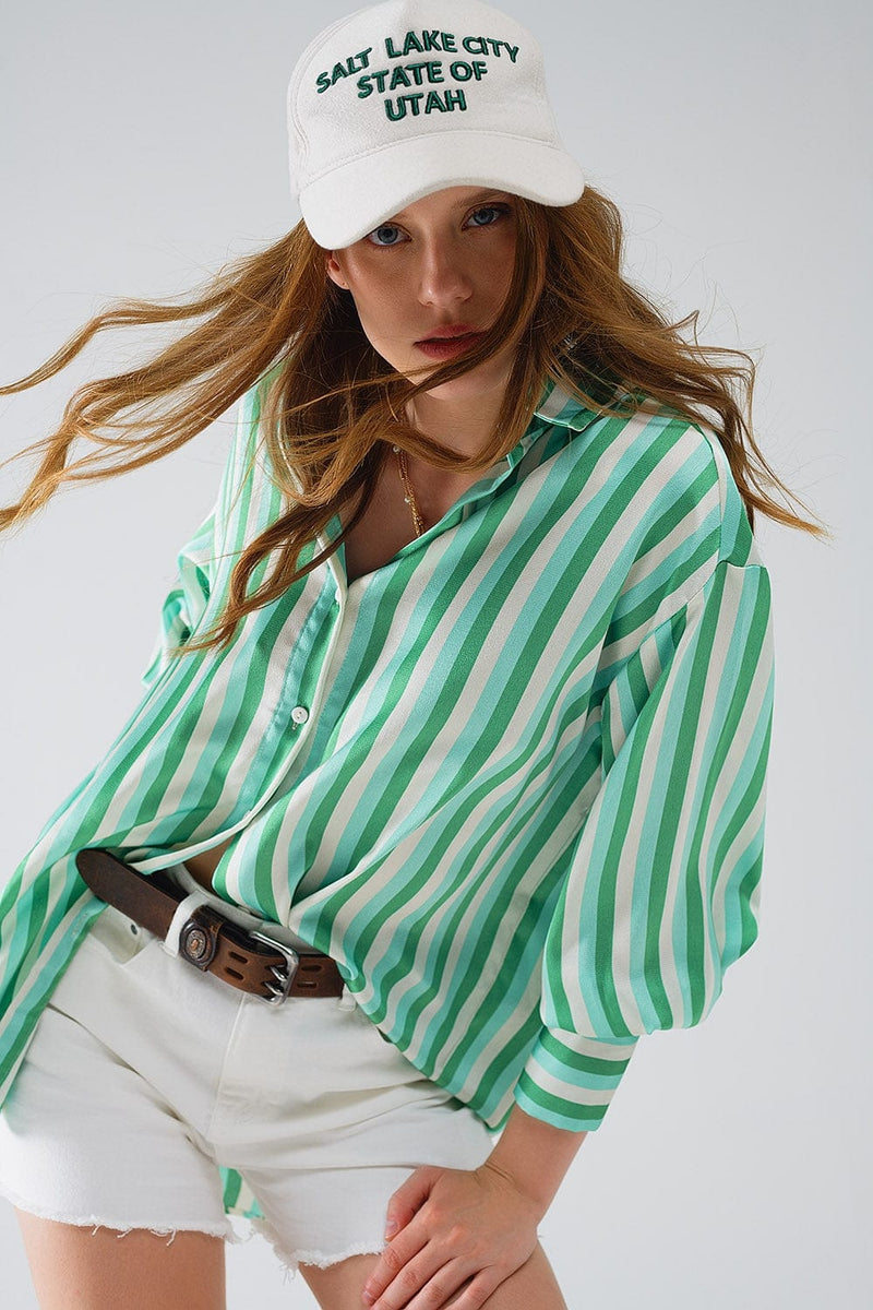 Q2 Women's Blouse Vertical Striped Satin Shirt In Green With Button Up Closing