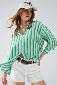 Q2 Women's Blouse Vertical Striped Satin Shirt In Green With Button Up Closing