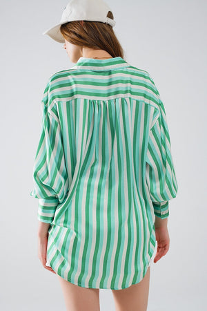 Q2 Women's Blouse Vertical Striped Satin Shirt In Green With Button Up Closing