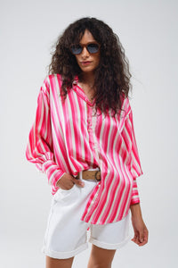 Q2 Women's Blouse Vertical Striped Satin Shirt In Pink With Button Up Closing