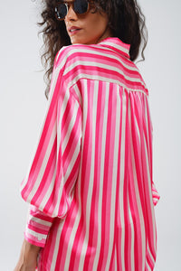 Q2 Women's Blouse Vertical Striped Satin Shirt In Pink With Button Up Closing