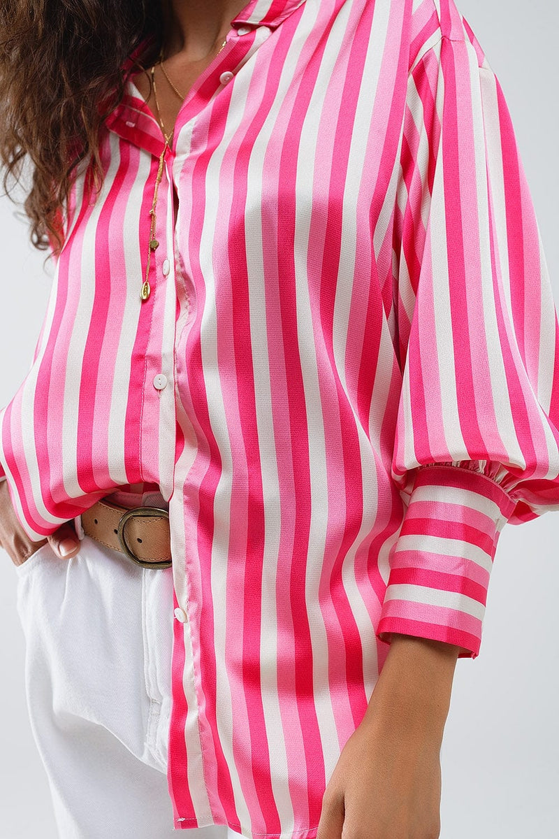 Q2 Women's Blouse Vertical Striped Satin Shirt In Pink With Button Up Closing