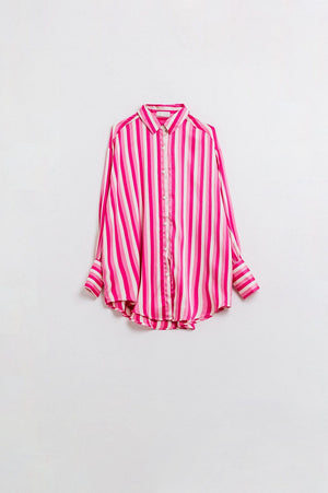 Q2 Women's Blouse Vertical Striped Satin Shirt In Pink With Button Up Closing