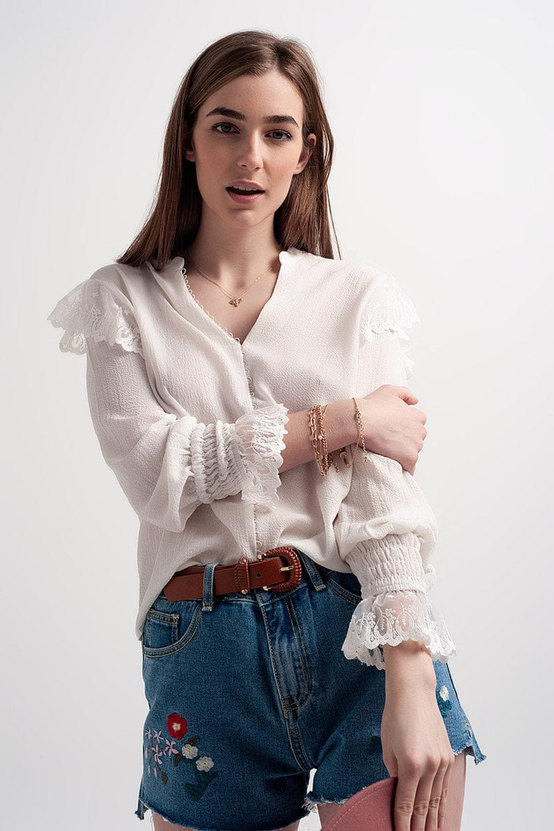 Q2 Women's Blouse Volume Sleeve Blouse with Cuff Sleeve in Oyster