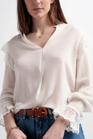 Q2 Women's Blouse Volume Sleeve Blouse with Cuff Sleeve in Oyster