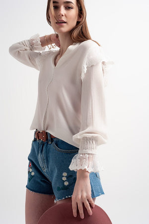 Q2 Women's Blouse Volume Sleeve Blouse with Cuff Sleeve in Oyster