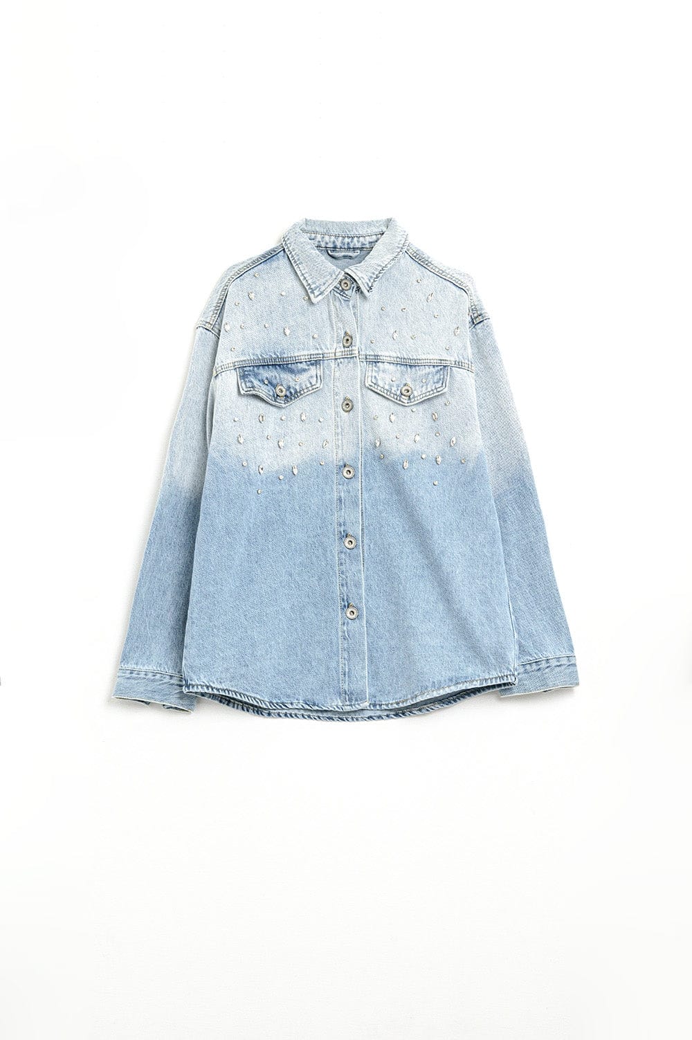 Q2 Women's Blouse Wash Denim Overshirt With Chest Pockets And Embroidered Strass Details