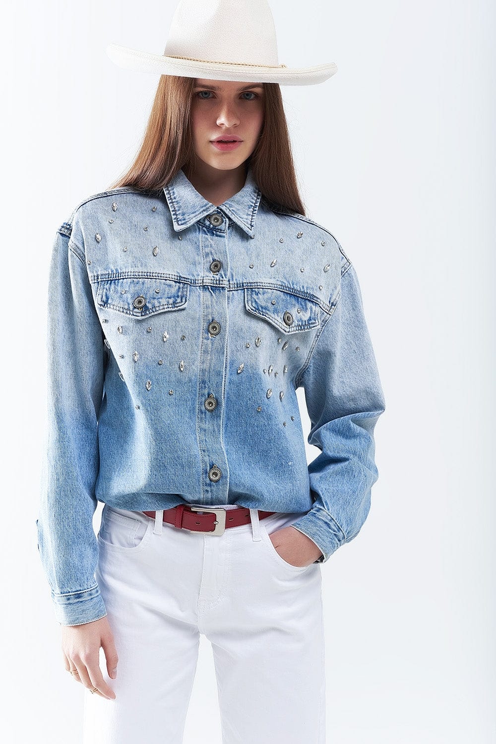 Q2 Women's Blouse Wash Denim Overshirt With Chest Pockets And Embroidered Strass Details