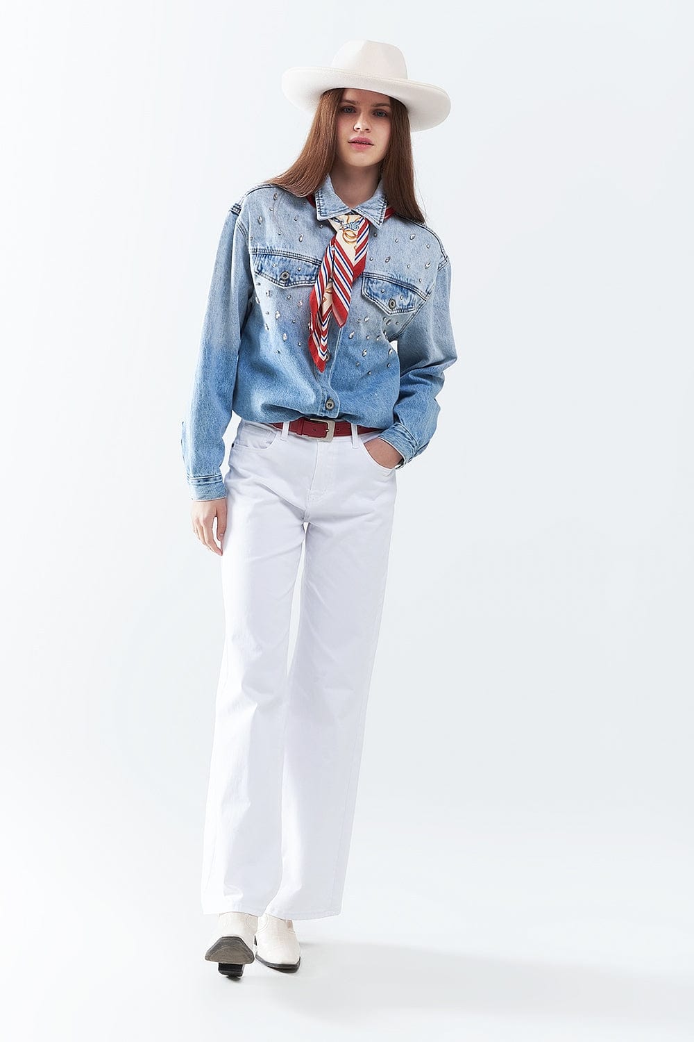 Q2 Women's Blouse Wash Denim Overshirt With Chest Pockets And Embroidered Strass Details